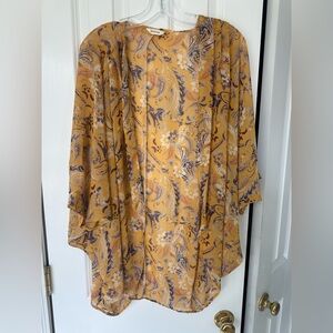 Lightweight Floral Paisley Kimono Cardigan - Mustard Yellow with purple details